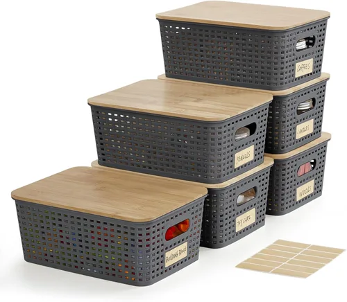 Miniatura 11 de Bagnizer Contenedores pequeños de plástico con tapas de bambú de 5.2 cuartos de galón, cesta apilable para despensa, contenedores decorativos lindos