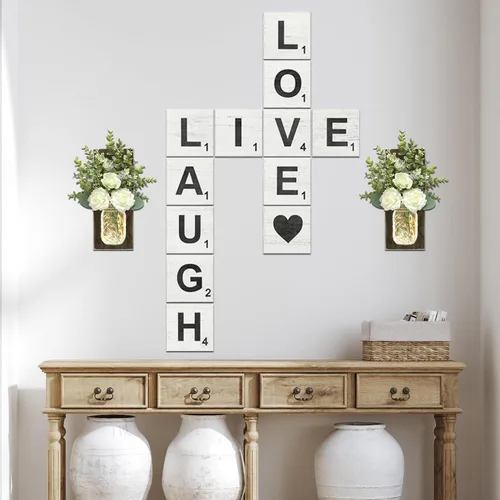 TenXVI Designs Live, Laugh, Love - Azulejos de crucigrama rústicos grandes para decoración de pared, letras cuadradas decorativas grandes de madera