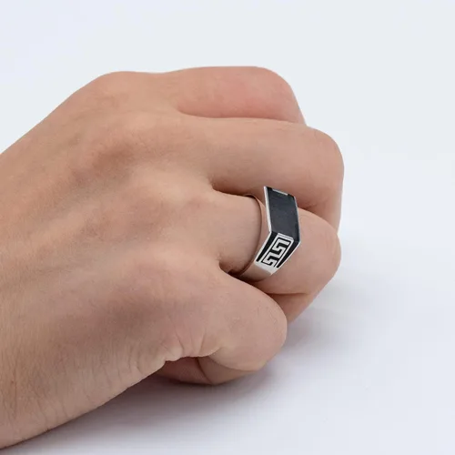 Miniatura 8 de AROTOROM 925 Sterling Silver Ring with Solid Rectangle Signet Black Enamel Ring, Turkish Classic Design Handmade Jewelry,Fashion Signet Ring