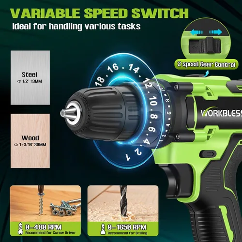 Miniatura 5 de WORKBLESS Juego de Taladro Eléctrico de 21V, Taladro Inalámbrico con Batería y Cargador, Portabrocas sin Llave de 3/8'', Velocidad Variable