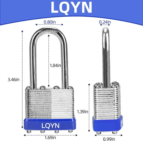Miniatura 5 de Candados con la misma llave, LQYN 24 candados laminados con llave (1-9/16 pulgadas, 1.575 in), cerraduras con llave igual, grillete largo
