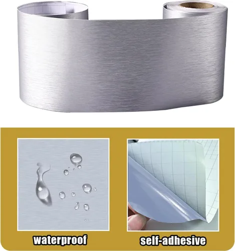Miniatura 2 de Borde de pared autoadhesivo 3D de color metálico, impermeable, fácil de aplicar, azulejos de cocina y baño, 4.2 x 196.8 pulgadas (plateado)