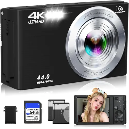 Cámara digital 4K, cámara digital compacta digital de enfoque automático, zoom digital de 16X, cámara de viaje mejorada con tarjeta SD de 64 GB, 2