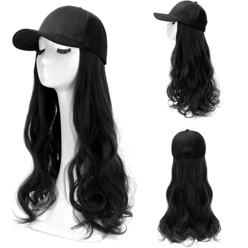 Miniatura 2 de YEKEYI Gorra de béisbol con peluca sintética con pelo unido con sombrero largo ondulado para mujer, uso diario en fiestas