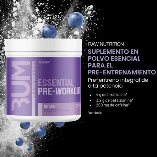 Miniatura 2 de RAW Essential - Polvo preentrenamiento (Uva) - Suplemento deportivo de Chris Bumstead para hombres y mujeres - Polvo energético preentrenamiento