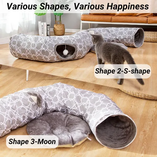 Miniatura 4 de Cama de túnel geométrico para gatos bajo el árbol de Navidad Oxford para exteriores con interior de felpa, túnel colapsable con bolas, juguetes