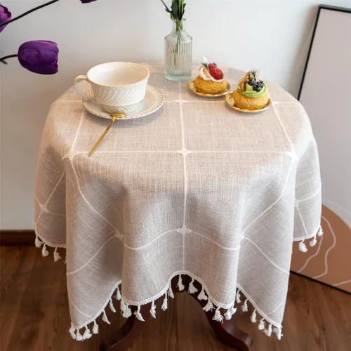 Miniatura 2 de Gernaice Mantel pequeño bordado rústico con borlas, cuadrado, a prueba de polvo, para cocina, comedor, picnic, fiesta, decoración del hogar Marrón