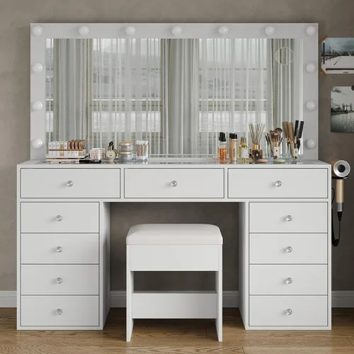 Miniatura 10 de Yanosaku Escritorio de tocador y toma de corriente, mesa de maquillaje con espejo, 12 luces LED y 3 modos de iluminación, 11 cajones, incluye silla