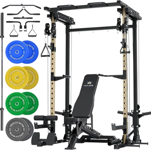 Miniatura 14 de MAJOR FITNESS Drone3 Power Rack, banco de sentadillas para gimnasio en casa de 2500lbs multifunción con sistema de polea doble, barra de tracción