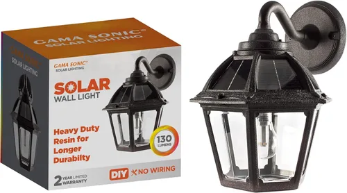 Gama Sonic Polaris - Lámpara solar de pared, lámpara exterior LED blanca cálida para exteriores, resina negra con protección UV para zonas costeras,