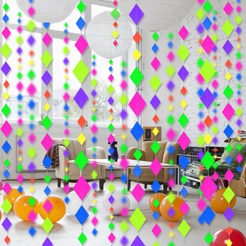 Miniatura 4 de Serpentinas y guirnaldas de neón de papel UV de 123 pies - Decoraciones de luz negra en forma de diamante, recuerdos y suministros para fiestas