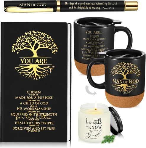 Hushee 4 piezas de regalos cristianos para hombres, taza de café del hombre de Dios, diario de oración, vela perfumada, bolígrafo bíblico, regalos