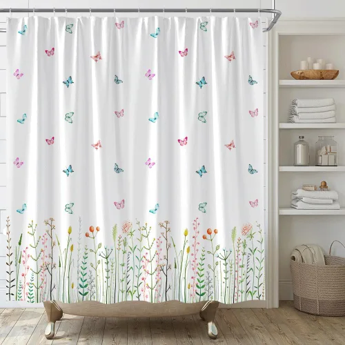 Miniatura 8 de Cortina de ducha de flores y mariposas, flores de flores, primavera, naturaleza, fantasía, jardín, tela para el hogar, juego de decoración de baño