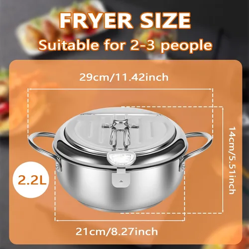 Miniatura 2 de Olla para freír, 2 cuartos de galón/8.2 pulgadas, freidora pequeña de acero inoxidable 304, mini freidora con termómetro, tapa, escurridor de aceite