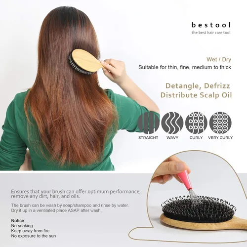 Miniatura 4 de BESTOOL Cepillo de pelo (regular y pequeño), cepillos de cerdas de jabalí para mujeres, hombres y niños, cabello grueso y fino y rizado, cepillo