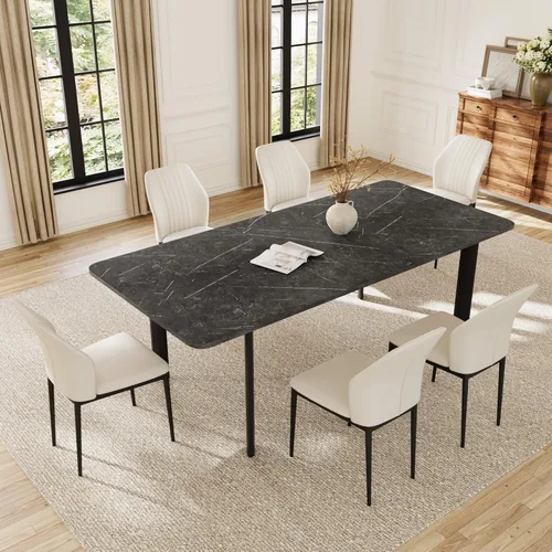 Miniatura 12 de HIPIHOM Mesa de comedor extensible para 6-8 personas, mesa rectangular de 63 a 78.7 pulgadas, MDF blanco con patas de metal resistentes, ahorro