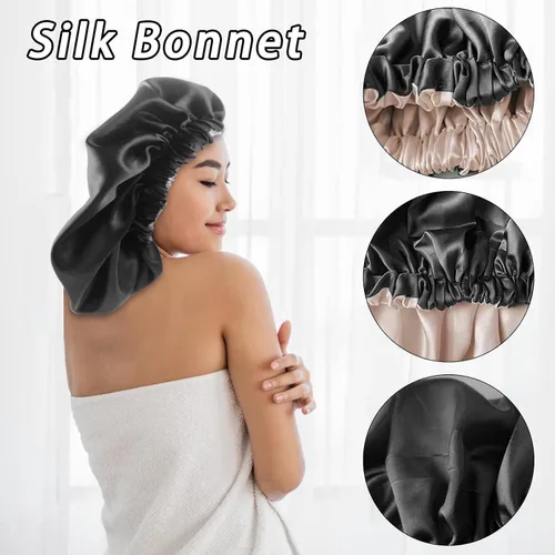 Miniatura 4 de Gorro de satén de seda para dormir, gorra grande ajustable de satén de seda para el cabello