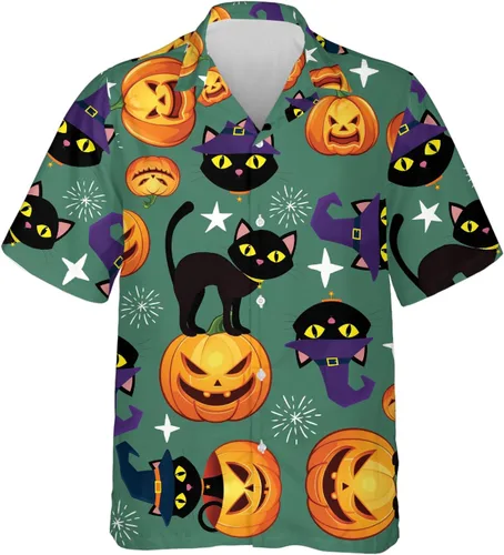 Miniatura 14 de Camisa hawaiana de gato negro para hombre, camisa de noche de Halloween, camisa de manga corta con botones (MP_HW_66)