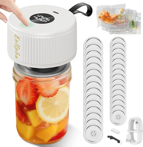 Sellador al Vacío Eléctrico para Frascos Mason | Sellador al Vacío 3 en 1 para Frascos Mason con 30 Tapas (Anchas/Regulares)+5 Bolsas de