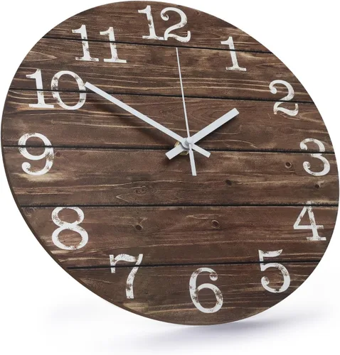 Miniatura 2 de Reloj de pared de 12 pulgadas de imitación de madera, silencioso, sin tictac, para interiores, reloj redondo marrón decorativo, rústico