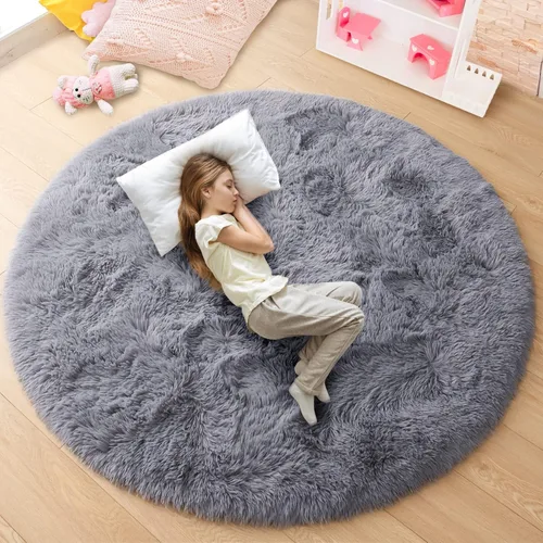 Miniatura 17 de junovo - Alfombra redonda y esponjosa para niños y niñas, de castillo de princesa, de felpa lanuda, para dormitorio, habitación de bebé, sala