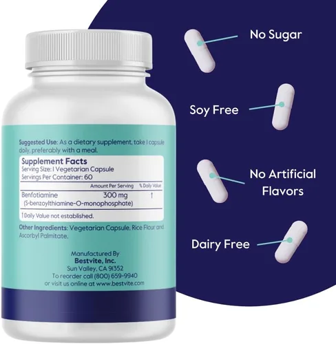 Miniatura 3 de Benfotiamina 300 mg (60 cápsulas vegetarianas) sin estearatos - sin dióxido de silicio - vegano - sin OMG - sin gluten