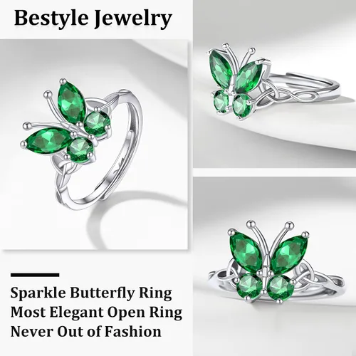 Miniatura 6 de Bestyle Anillo de collar de mariposa con piedra natal plateada para mujeres, delicado y lindo regalo de joyería de mariposa para mujeres