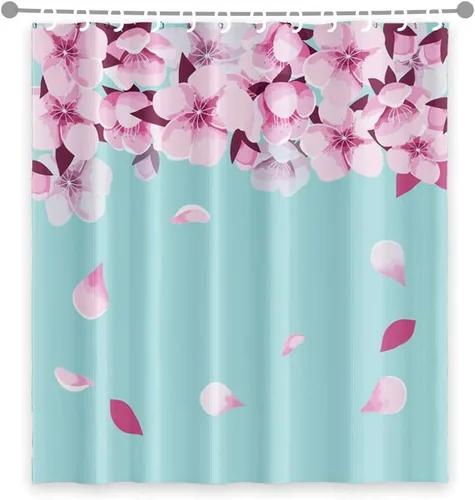 Miniatura 6 de Cortina de ducha japonesa con flores de cerezo blanco, pétalos que caen, decoración de fondo rosa, tela impermeable, cortina de baño floral