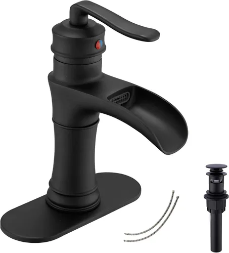 Grifo de baño tipo cascada GGStudy negro con una sola manija, una sola perforación, para casa de campo, en negro mate, grifo mezclador para tocador