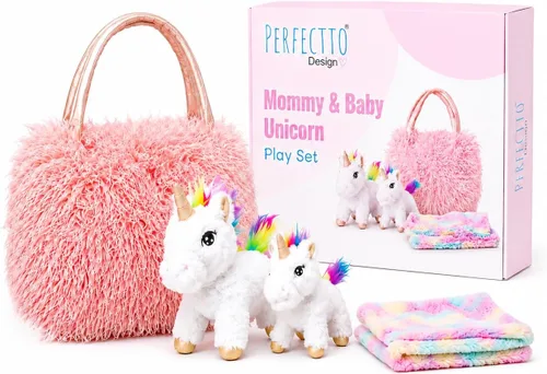 Miniatura 7 de Perfectto Design Juguetes de unicornio para niñas de 3, 4, 5 años. Set de 4 piezas - Animal de peluche mamá bebé, bolso y una manta para muñeca.