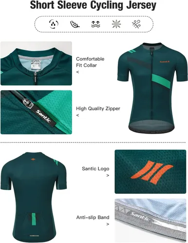 Miniatura 4 de Santic Camiseta de ciclismo para hombre, manga corta, camiseta de ciclismo de carretera, con cremallera completa, UPF 50+, MTB con bolsillos