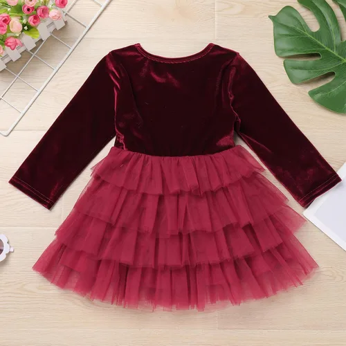 Miniatura 5 de Vestido de tutú de tul escalonado de terciopelo de manga larga para otoño e invierno para niñas y niñas