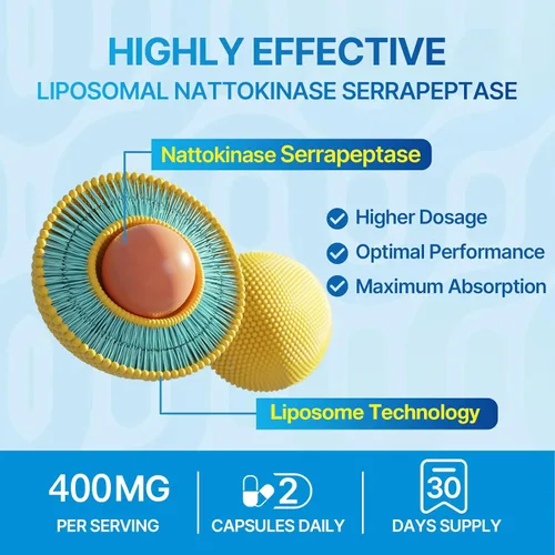 Miniatura 4 de Suplemento enzimático liposomal nattoquinasa 12,000 FU Serrapeptasa 360,000 SPU - Enriquecido con enzimas sinérgicas y mezcla de nutrientes e