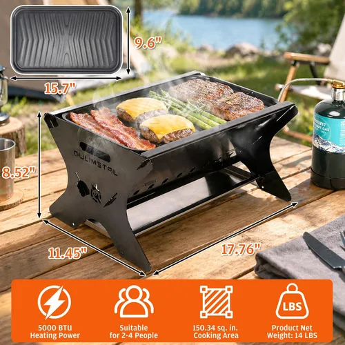 Miniatura 2 de Parrilla de camping portátil 3 en 1, barbacoa de gas de carbón plegable y hoguera con placa extraíble y bolsa de transporte, para mochileros, patio