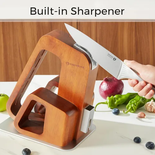 Miniatura 6 de KINGSTONE Juego de cuchillos de cocina con bloque, juego de 14 cuchillos de acero inoxidable alemán con afilador integrado, juego de bloques de Nogal