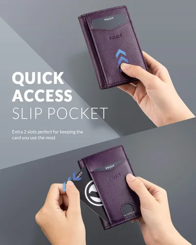 Miniatura 2 de VULKIT Billetera delgada con bolsillo frontal plegable con bloqueo RFID, minimalista, de cuero fino, tarjetero para tarjetas de crédito