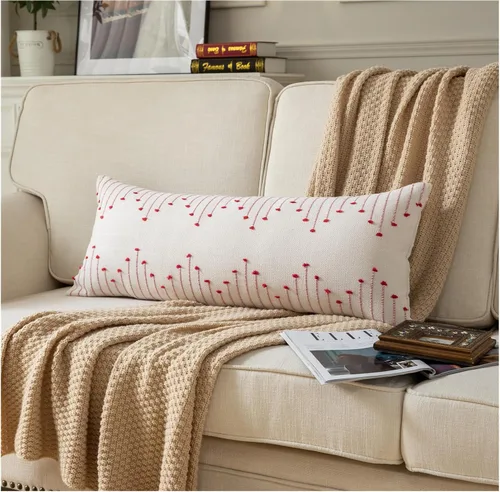 Miniatura 26 de Caflife Fundas de almohada boho de 18 x 18 pulgadas, juego de 2 almohadas decorativas para cama, fundas de almohada beige con línea negra para sofá