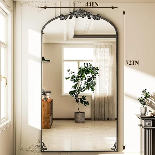Miniatura 6 de GLSLAND Espejo Vintage - 72" x 44" Espejo de Cuerpo Completo Grande Tallado Arqueado con Marco de Metal Barroco Espejos de Cuerpo Completo para Negro