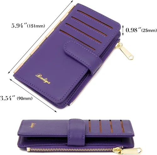 Miniatura 7 de Badiya Tarjetero de crédito para mujer, con bloqueo RFID, delgada, plegable, con bolsillo con cremallera y 3 ventanas para identificación, Violeta