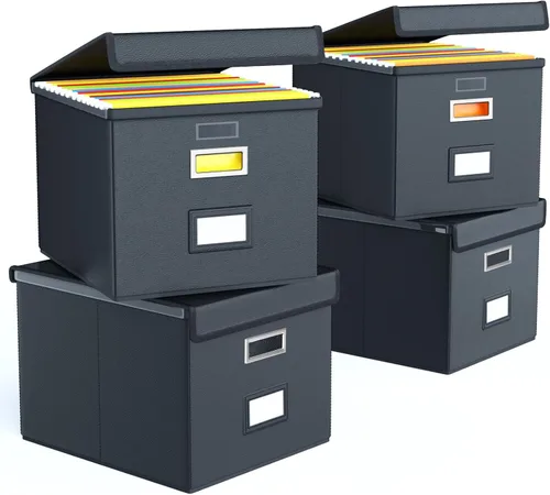 Miniatura 35 de Caja Organizadora de Archivos con Tapa, Caja Organizadora Plegable de Cuero Sintético para Carpetas Colgantes con Rieles de Plástico, Cajas (cuero)