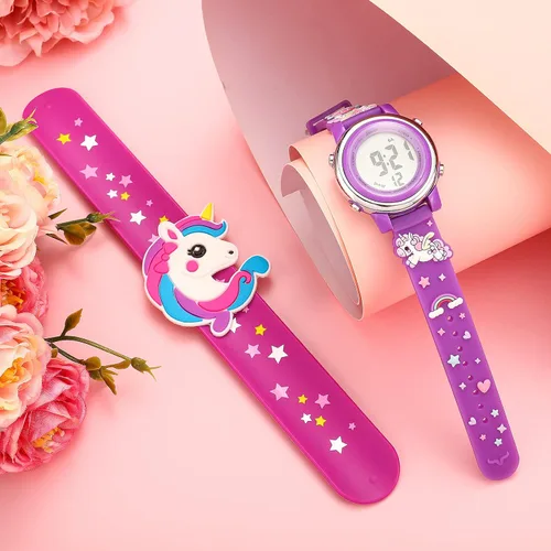 Miniatura 5 de 2 Pieces Kids Unicorn Watch Toddler Watch and Silicone Wristband Cute 3D Kids Digital Watch Waterproof 7 Color Lights Watch with Alarm Stopwatch