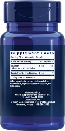 Miniatura 2 de Life Extension Essential Youth L-Ergothioneine – Promueve la longevidad y el envejecimiento saludable – Sin gluten – OGM – Vegetariano – 5 mg – 30