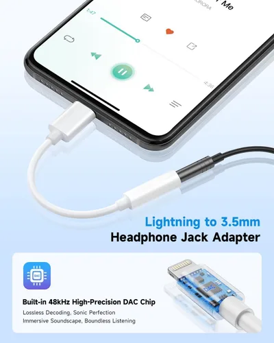 Miniatura 2 de Adaptador Lightning a conector de auriculares de 0.138 in con certificación MFi de Apple, calidad de audio premium y chip DAC para escuchar música