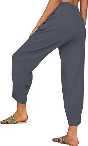 Miniatura 2 de FEDULKSTORE Pantalones de pierna ancha de algodón y lino para mujer, pantalones palazzo casuales de verano de cintura alta, pantalones holgados