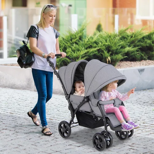 Miniatura 2 de HONEY JOY Cochecito Doble, Plegable Ligero para Bebés Gemelos con Asientos en Tándem, Arnés de 5 Puntos, Asiento Reclinable, Cesta de Gris