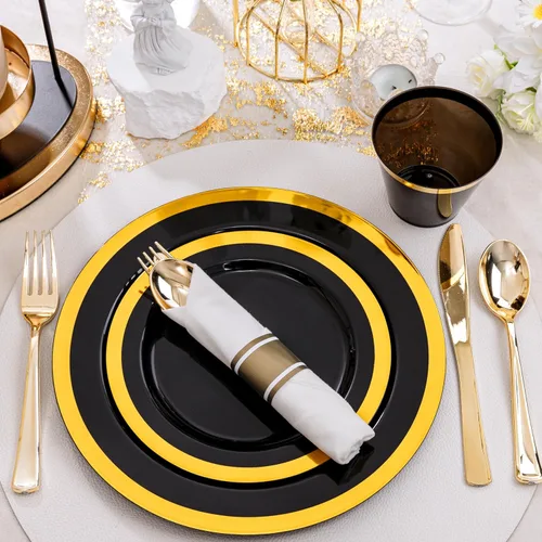 Miniatura 2 de YOUBET - 350 piezas de platos de plástico negro y dorado - Juegos de vajilla desechable dorada para 50 invitados - 100 platos de plástico, 150