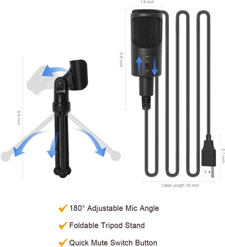 Miniatura 5 de Micrófono USB para PC, micrófono de condensador de podcast con interruptor de silencio de trípode plegable para transmisión, juegos, podcasting