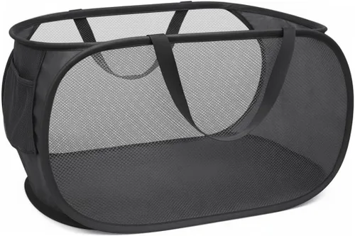 Cesta de Ropa Emergente, Cestas Horizontales Plegables con Asas y Bolsillo Lateral, Malla Resistente Plegable para Cuarto de Lavado, Baño,