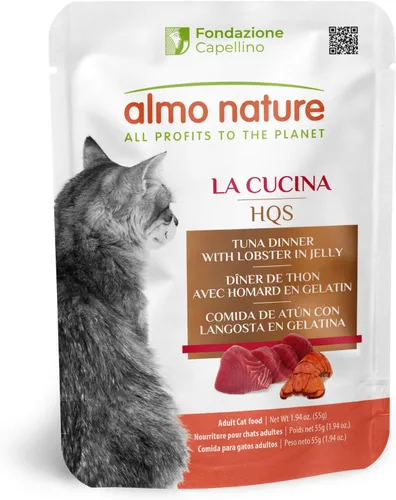 almo nature HQS La Cucina Atún con langosta en gelatina, sin granos, sin aditivos, alimento húmedo para gatos adultos, triturado, bolsas, 24 x 55