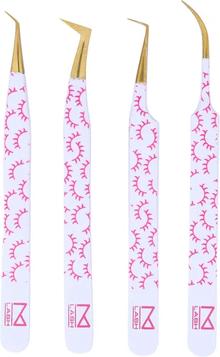 M LASH - Pinzas para extensiones de pestañas (juego de 4) – Pinzas profesionales para extensiones de pestañas, punta de fibra, acero japonés, juego